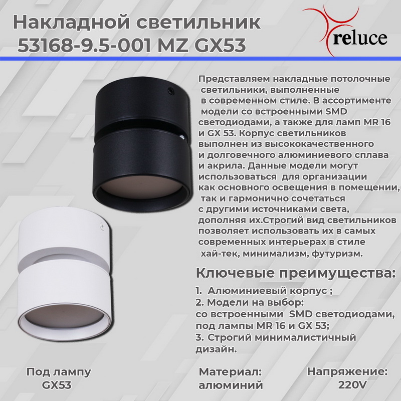 Накладной спот Reluce 53168-9.5-001MZ GX53 WT в Санкт-Петербурге