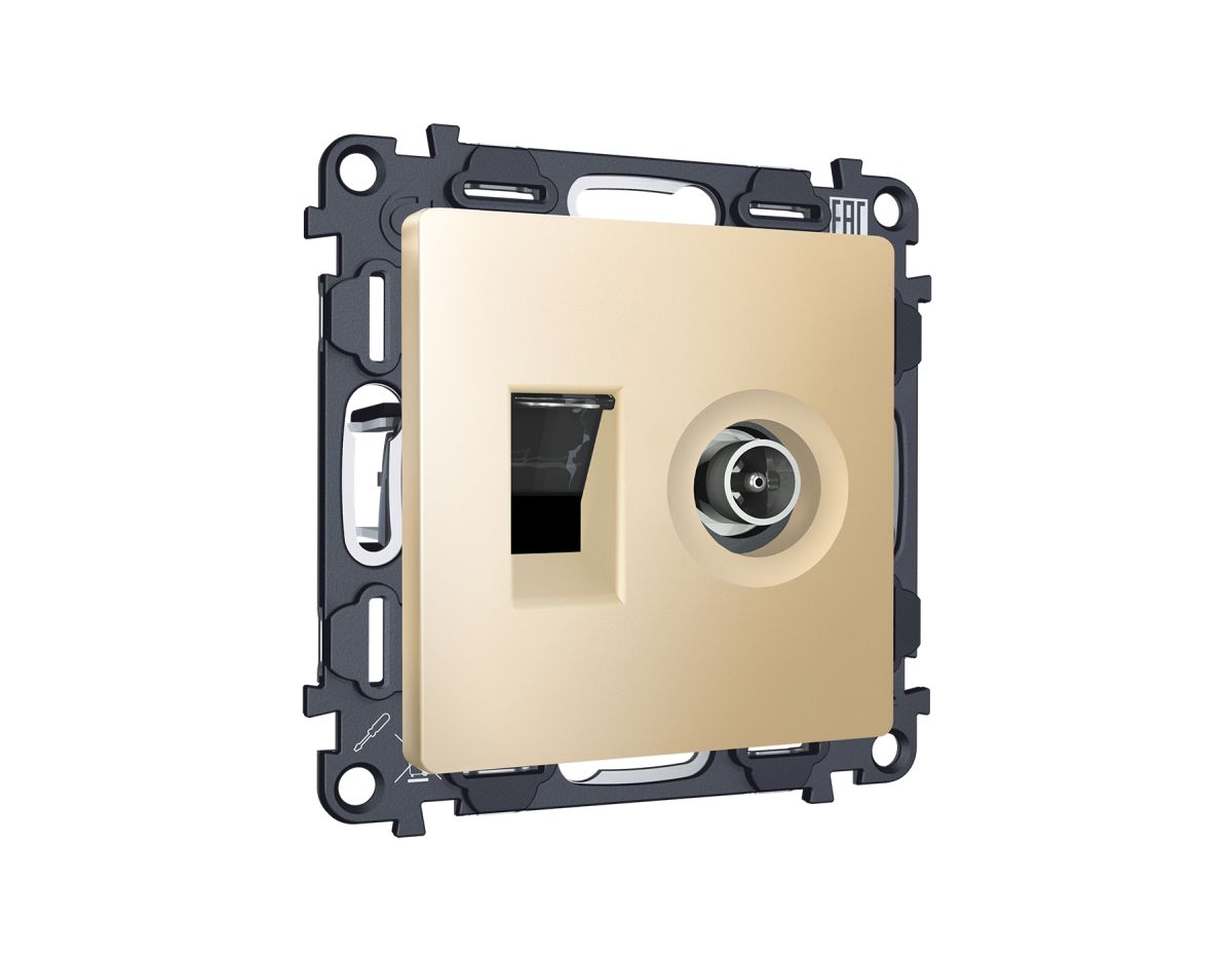 Комплект механизма розетки компьютерной + TV оконечной RJ-45 с автоматической защитной шторкой Alfa Шампань Quant Ambrella Volt MA612510 (AP6125, VM195) в Санкт-Петербурге