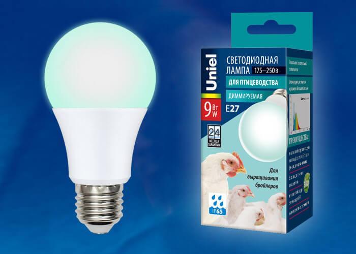 Лампа светодиодная диммируемая для бройлеров Uniel E27 9W LED-A60-9W/SCBG/E27/FR/DIM IP65 PLO65WH в #REGION_NAME_DECLINE_PP#