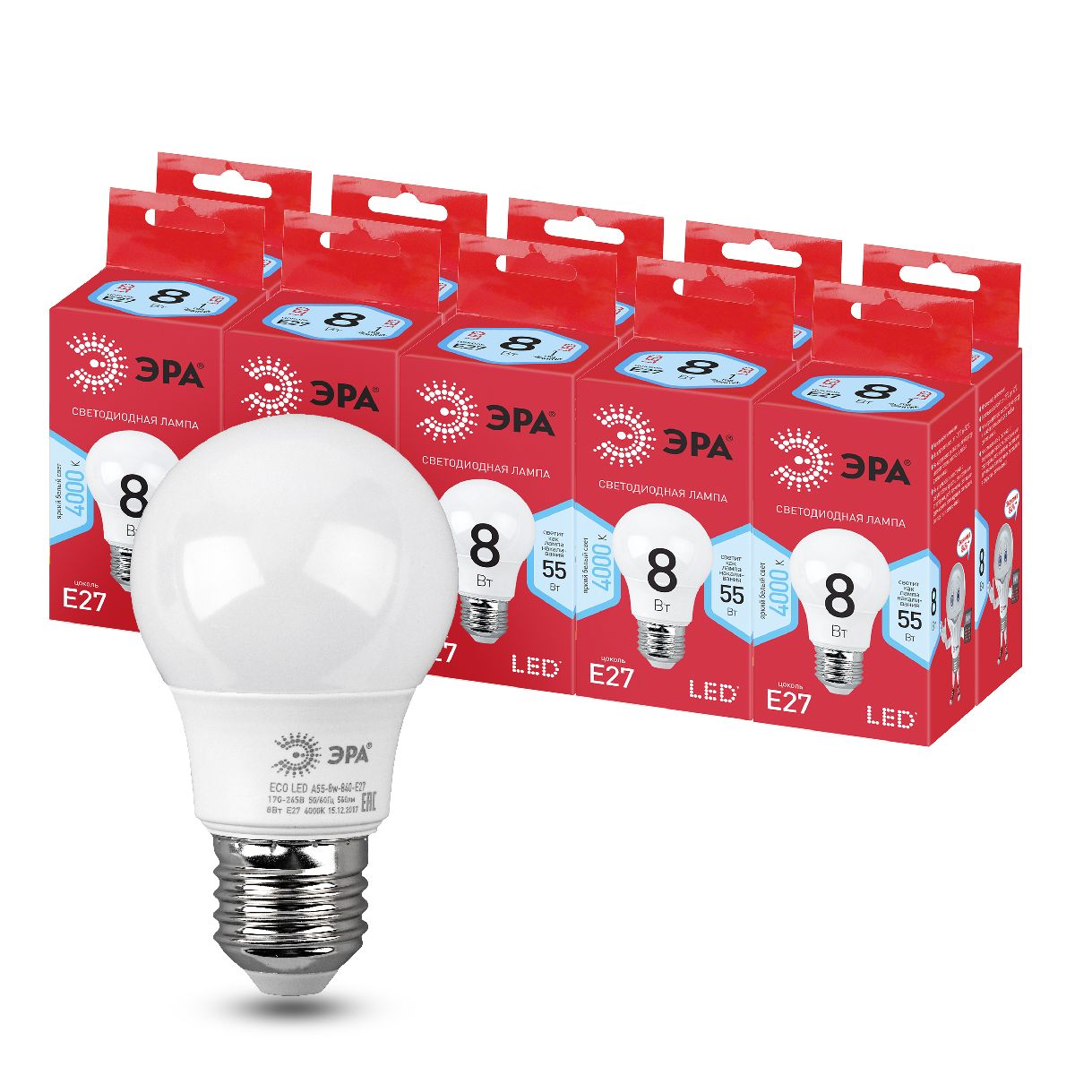 Лампа светодиодная Эра E27 8W 4000K LED A55-8W-840-E27 R Б0052382 УЦ в Санкт-Петербурге