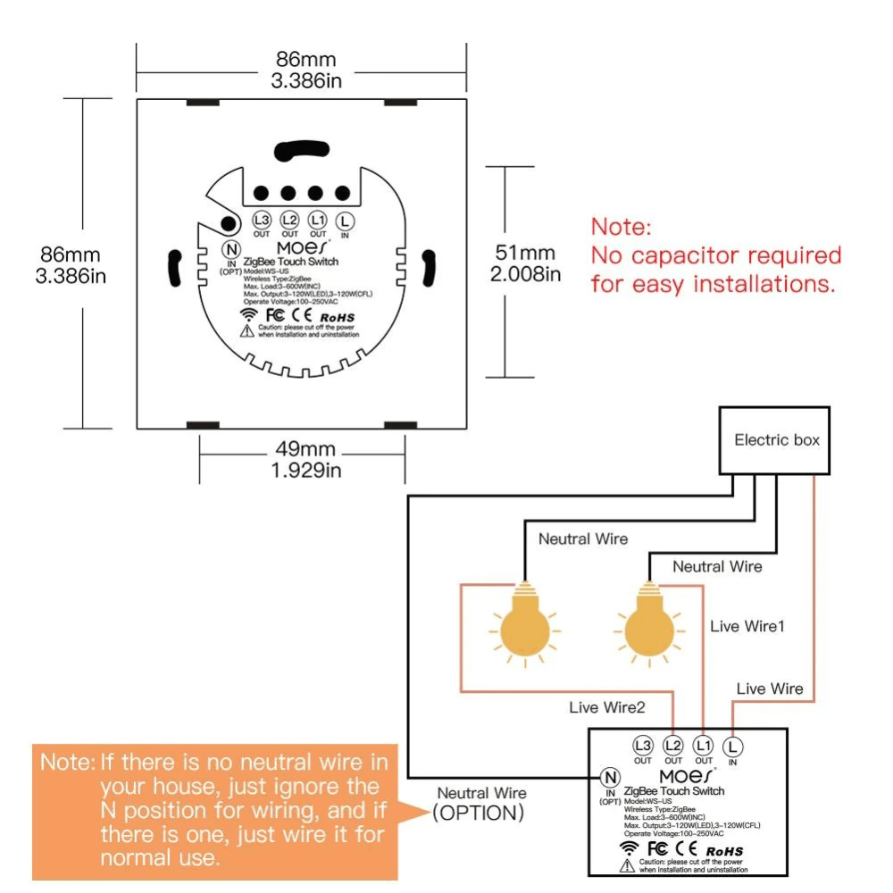 Выключатель Moes Gang Smart Switch Sensor w/o grounding 100-240 В ZS-EU3 в #REGION_NAME_DECLINE_PP#