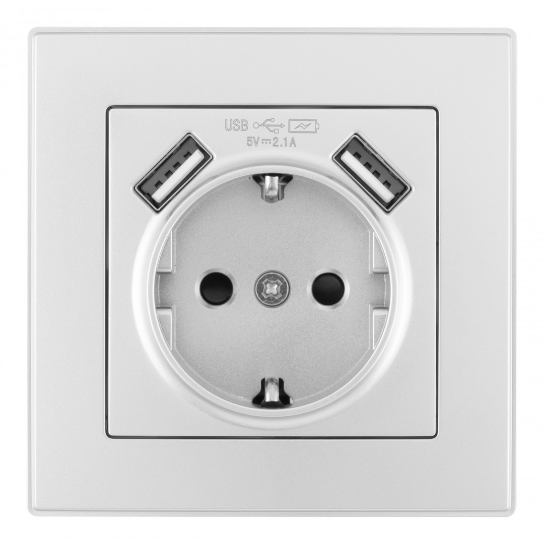 Комплект розетки с/з и шторками + USB и рамкой Arte Milano SET06-1-47-1 silver в Санкт-Петербурге
