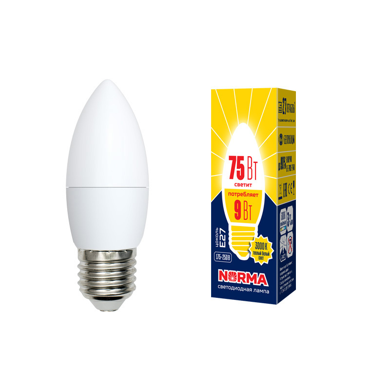 Лампа светодиодная (UL-00003807) Volpe E27 9W 3000K матовая LED-C37-9W/WW/E27/FR/NR в Санкт-Петербурге