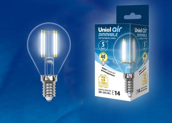 Лампа светодиодная филаментная (UL-00002870) Uniel E14 5W 4000K LED-G45-5W/NW/E14/CL/DIM GLA01TR в Санкт-Петербурге