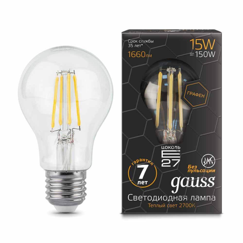 Лампа светодиодная филаментная Gauss E27 15W 2700К прозрачная 102802115 в Санкт-Петербурге