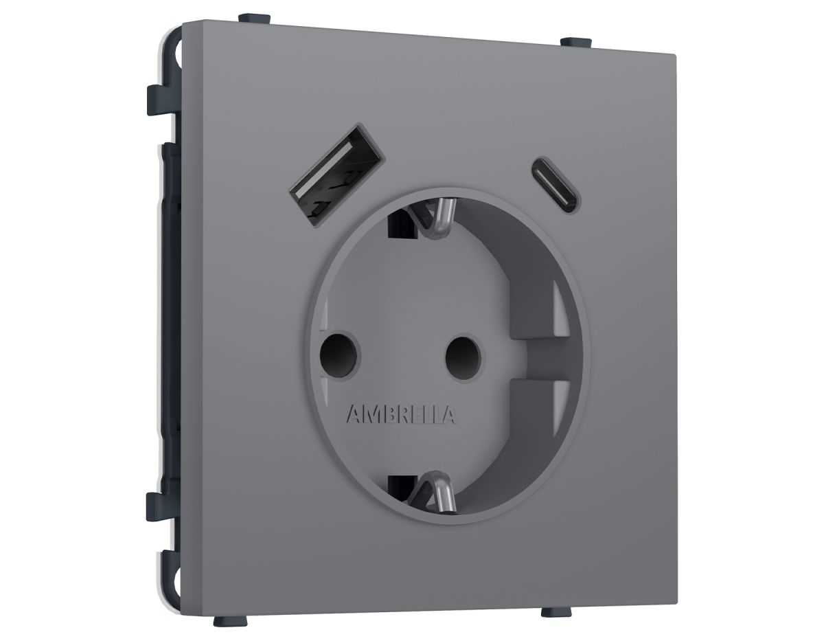 Комплект механизма электрической розетки SIGMA Платиново-серый Мягкое кас. 2USB A+C 20W Ambrella Volt MS870010 (SP8700, PR160) в Санкт-Петербурге