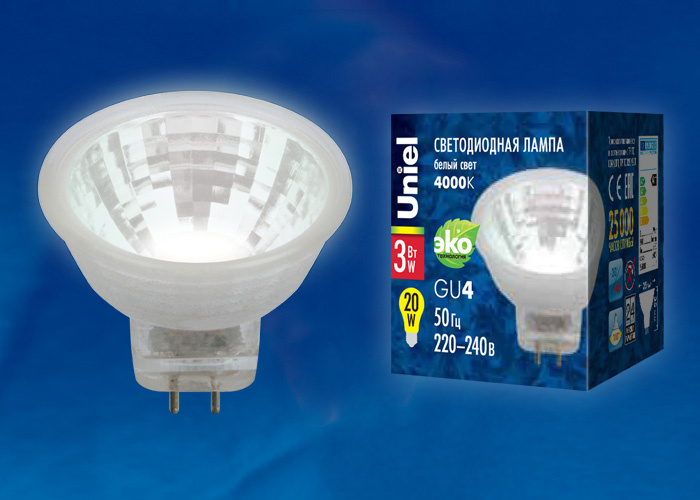 Лампа светодиодная (UL-00001703) Uniel GU4 3W 4000K прозрачная LED-MR11-3W/NW/GU4/220V GLZ21TR в #REGION_NAME_DECLINE_PP#