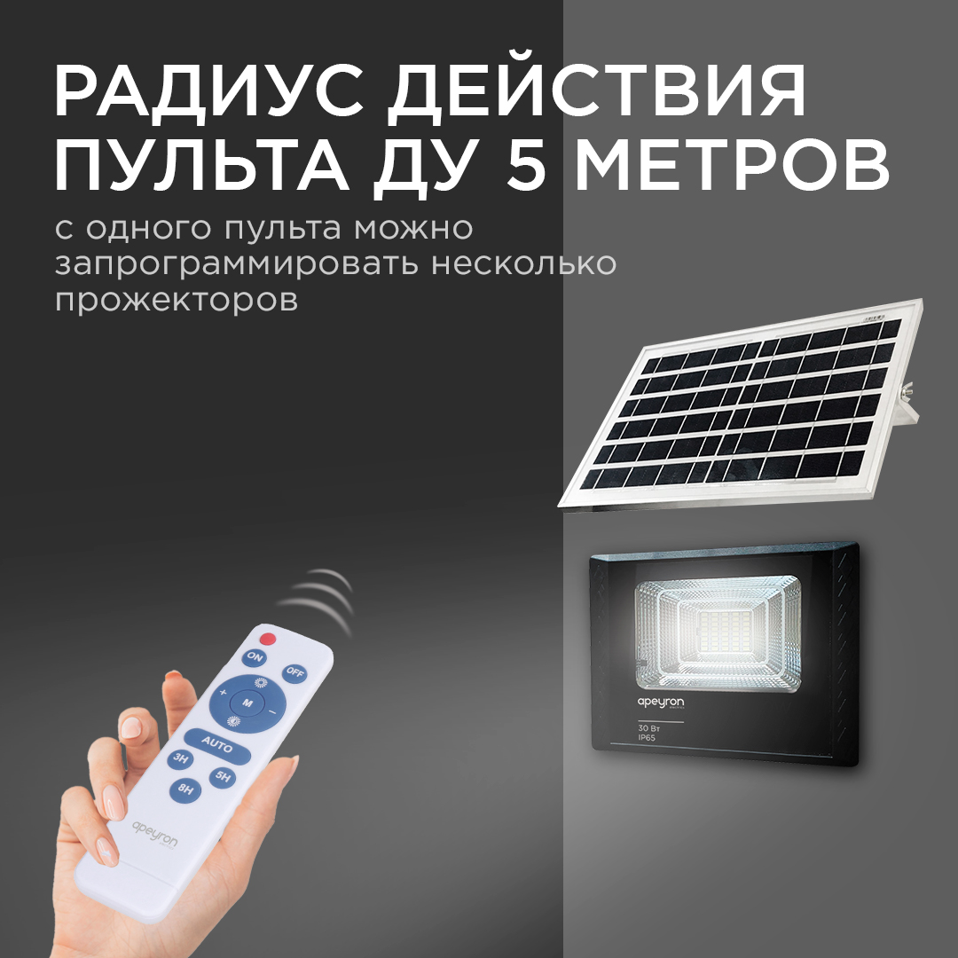 Прожектор c солнечной панелью Apeyron батарея 6000МА (3.2 В, 6Aчас) 05-34 в #REGION_NAME_DECLINE_PP#