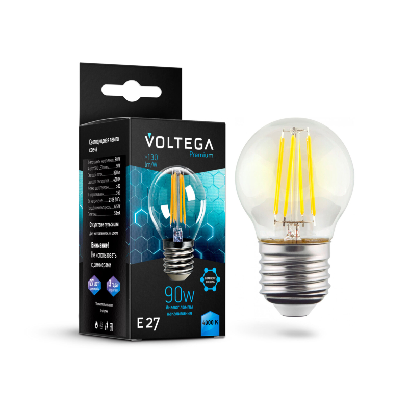Лампа светодиодная филаментная Voltega E27 7W 4000K шар прозрачный VG10-G45E27cold9W-F 7139 в Санкт-Петербурге