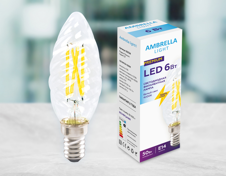 Светодиодная лампа Ambrella Light Filament C35 E14 6W 4200K 202124 в Санкт-Петербурге