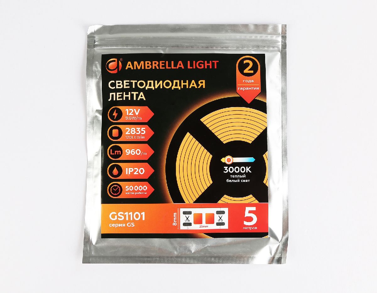 Светодиодная лента Ambrella Light LED Strip 12В 2835 9,6Вт/м 3000K 5м IP20 GS1101 в #REGION_NAME_DECLINE_PP#