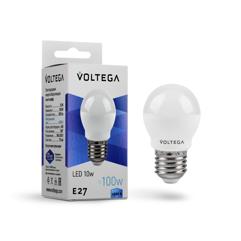 Лампа светодиодная Voltega E27 10W 4000K шар матовый VG2-G45E27cold10W 8456 в Санкт-Петербурге