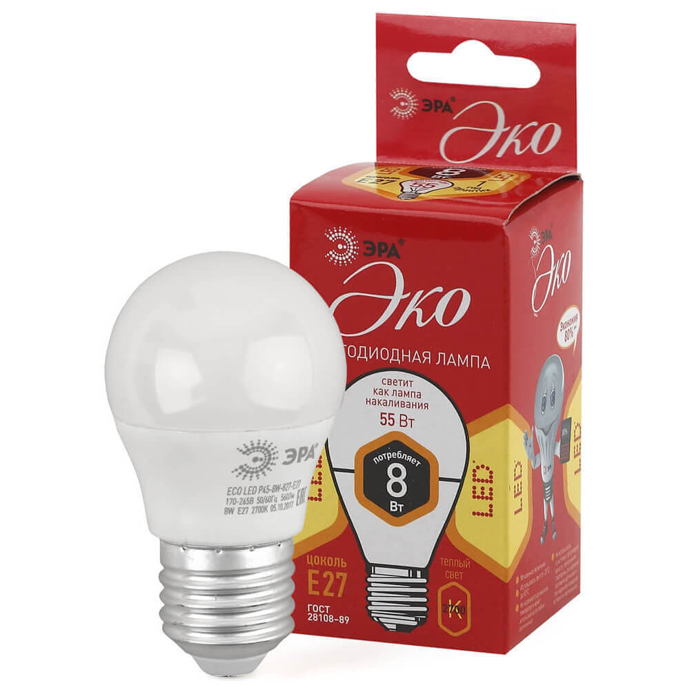 Лампа светодиодная ЭРА E27 8W 2700K матовая ECO LED P45-8W-827-E27 Б0030024 в #REGION_NAME_DECLINE_PP#