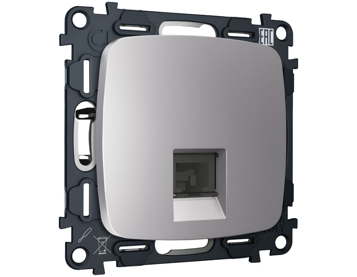 Комплект механизма компьютерной розетки Ambrella Volt RJ-45 (8P8C) CAT6A экранированной с автоматической защитной шторкой OMEGA MO512005 Сталь матовый QUANT (OP5120, VM185) в Санкт-Петербурге