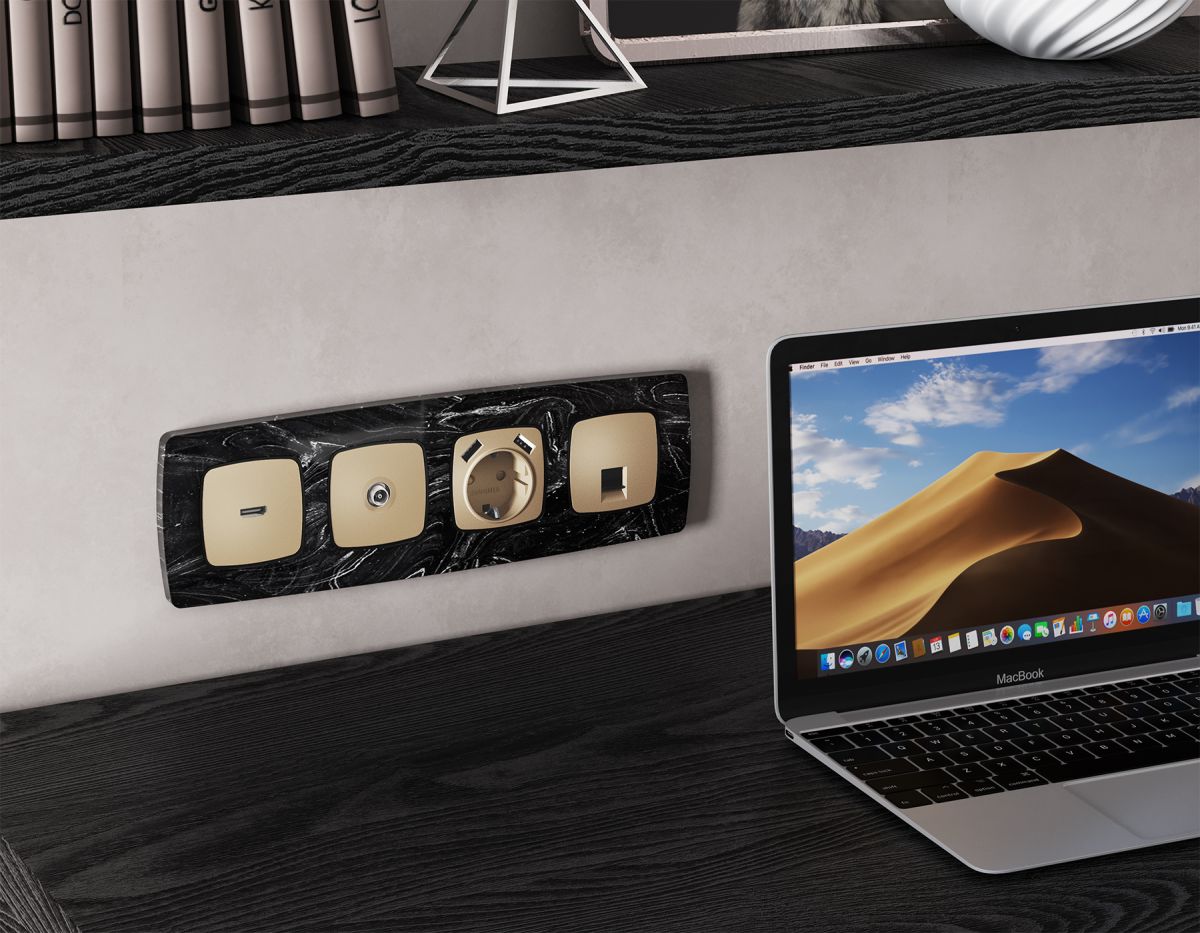 Комплект механизма компьютерной розетки Ambrella Volt RJ-45 (8P8C) CAT6A экранированной с автоматической защитной шторкой OMEGA MO612005 Шампань QUANT (OP6120, VM185) в Санкт-Петербурге