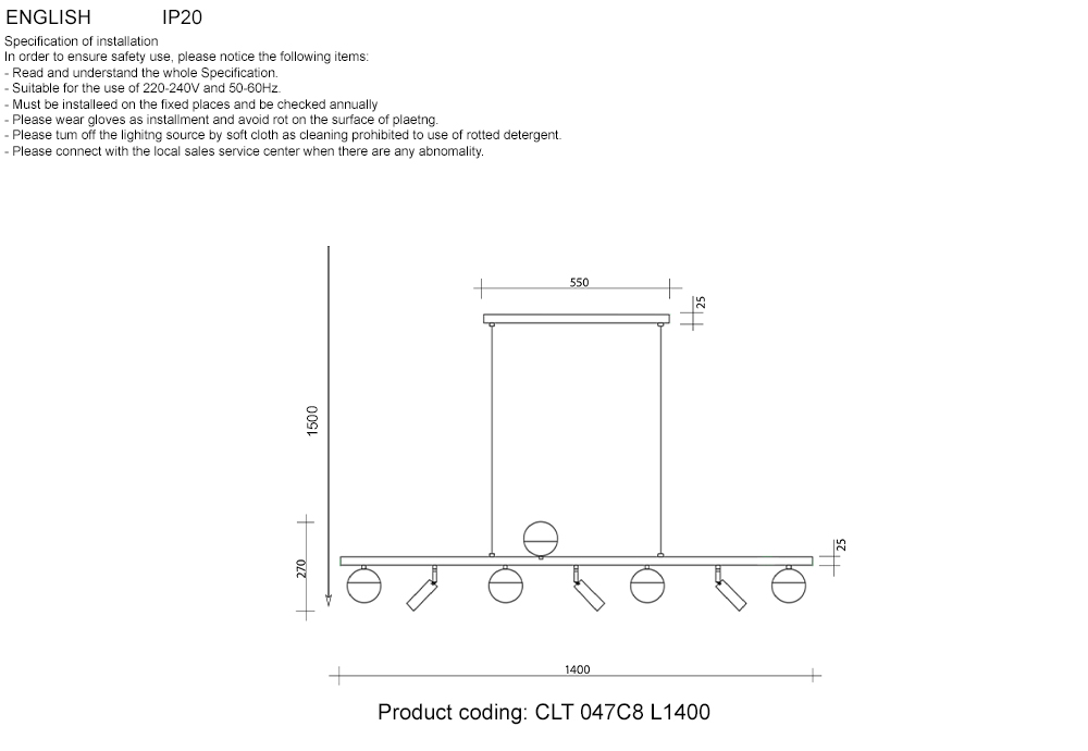 Подвесная люстра шар Crystal Lux CLT 047C8 L1400 BL-GO в Санкт-Петербурге