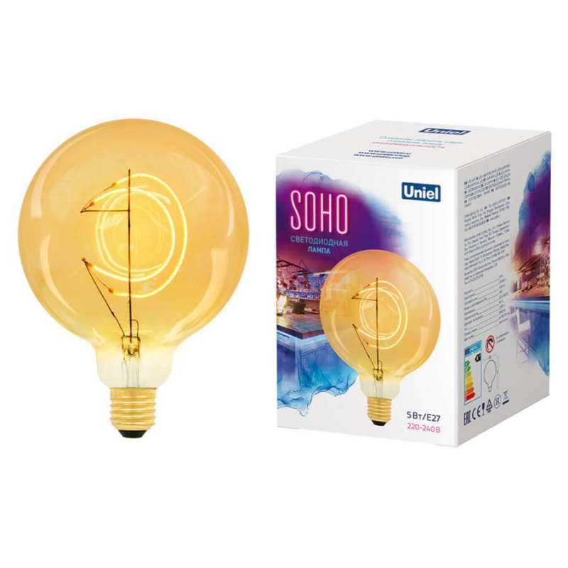 Лампа светодиодная филаментная (UL-00007625) Uniel E27 5W 2250K шар золотой LED-SF02-5W/SOHO/E27/CW GOLDEN GLS77GO в Санкт-Петербурге