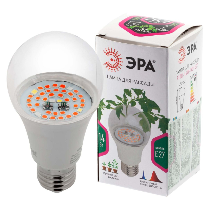 Фитолампа для растений светодиодная ЭРА E27 14W 1310K FITO-14W-RB-E27-K Б0039071 в #REGION_NAME_DECLINE_PP#