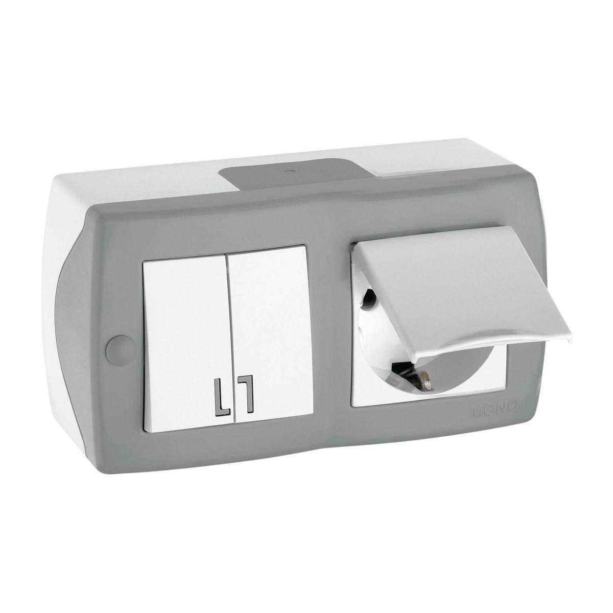 Выключатель двухклавишный + розетка с заземлением и крышкой Mono Electric Octans IP20 10А 250В бело-серый 104-020001-187 в Санкт-Петербурге