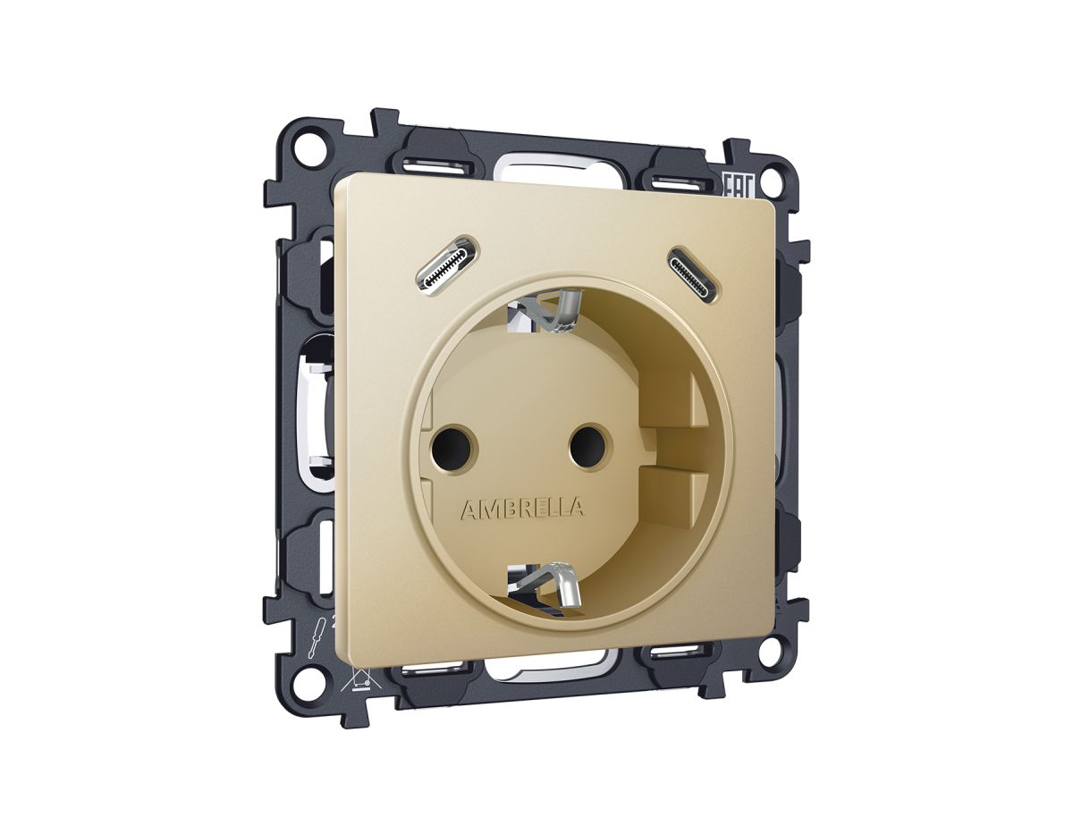 Комплект механизма электрической розетки 2USB С+C 20W Ambrella Volt MA610510 (быстрая зарядка) с/з на винтовых зажимах 16A-250V Alfa Шампань Quant в Санкт-Петербурге