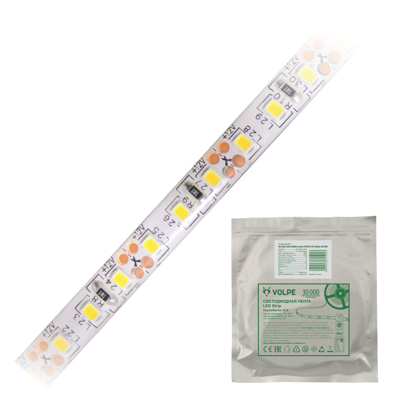 Светодиодная влагозащищенная лента Volpe (UL-00000899) 9,6W/m 120LED/m 2835SMD теплый белый 5M ULS-Q334 2835-120LED/m-8mm-IP65-DC12V-9,6W/m-5M-WW в Санкт-Петербурге