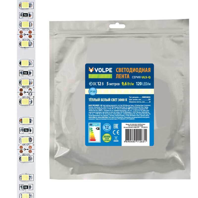 Светодиодная лента Volpe 9,6W/m 120LED/m 2835SMD теплый белый 5M ULS-Q330 2835-120LED/m-8mm-IP20-DC12V-9,6W/m-5M-3000K UL-00004540 в Санкт-Петербурге