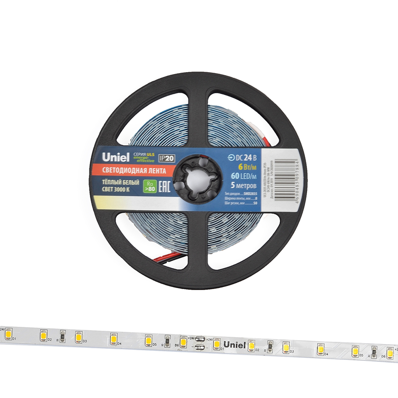 Светодиодная лента Uniel ULS-2835-60LED/m-8mm-IP20-DC24V-6W/m-5M-WW катушка в герметичной упаковке в Санкт-Петербурге