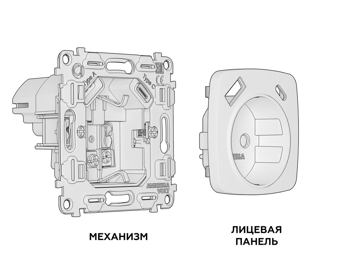 Комплект механизма электрической розетки USB A+C 20W Ambrella Volt Omega (OP1100, VM160) MO110010 в Санкт-Петербурге