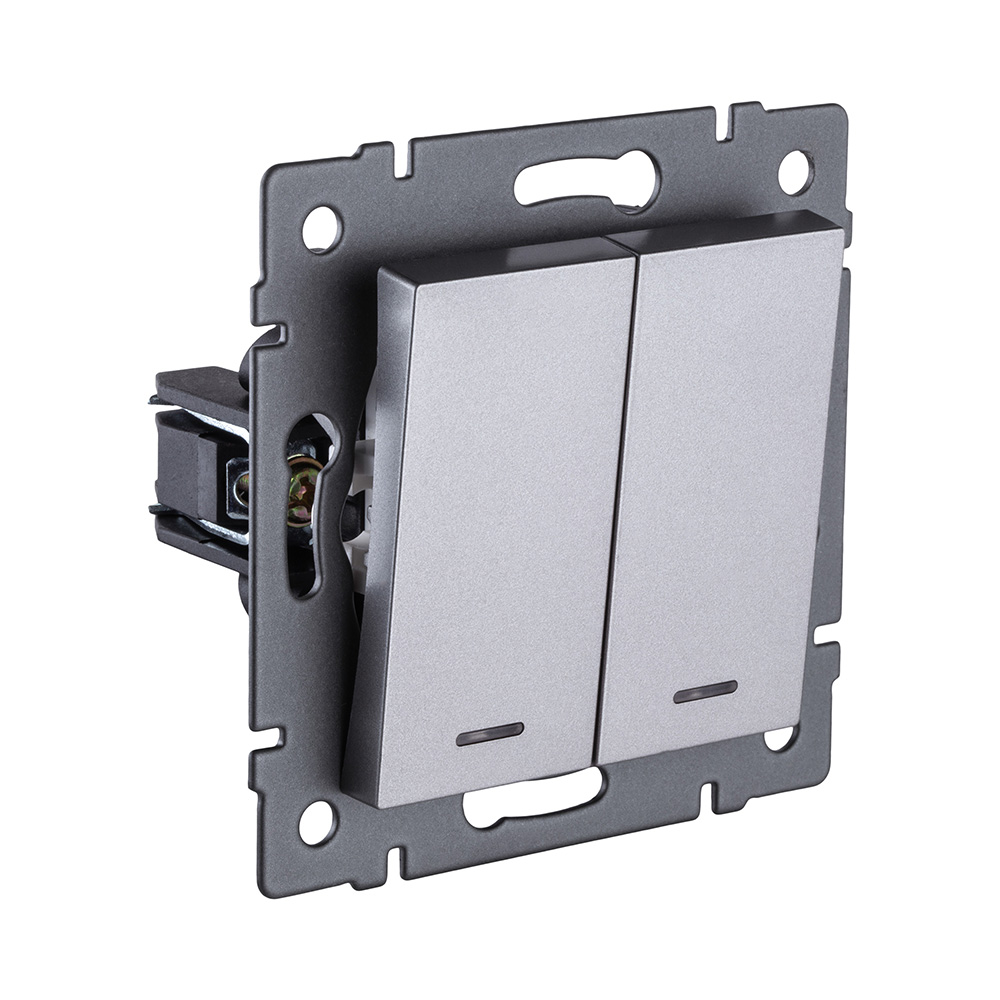 Выключатель кнопочный 2-клавишный 10А/250В с LED подсветкой, серый Kollinger REA-S-014GY для Aspekt, Eleganz, Reflex в #REGION_NAME_DECLINE_PP#