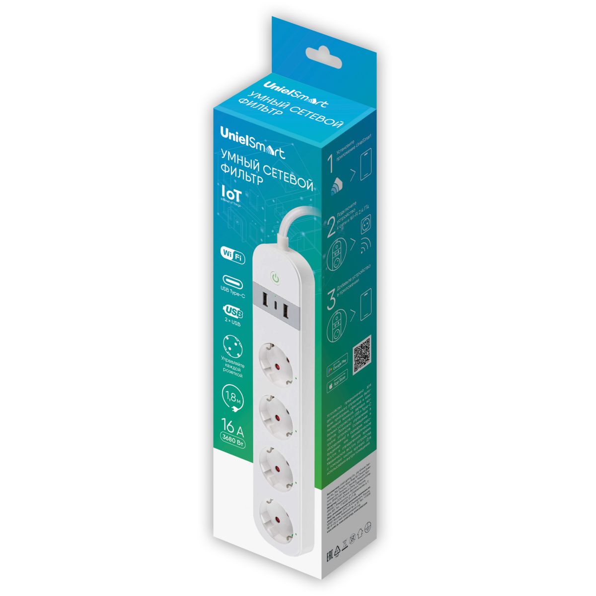 Умный сетевой фильтр Uniel UL-00011386 Wi-Fi. 1.8м Пвс 3х1.5. 4 гнезда. с-з. 2USB+Type-C 5В 3A 16A 3680Вт P-GCL4-1,8 A201/UC/WF WHITE в #REGION_NAME_DECLINE_PP#