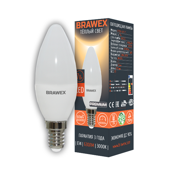 Лампа светодиодная Brawex свеча матовая E14 7Вт 3000K 0707G-B35-7L в #REGION_NAME_DECLINE_PP#