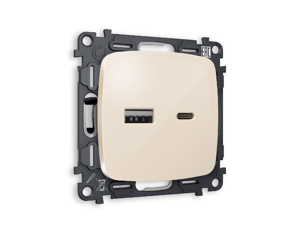 Комплект механизма розетки 2USB A+C 20W (быстрая зарядка) Ambrella Volt Omega MO311010 в Санкт-Петербурге
