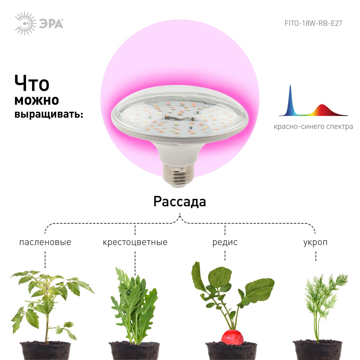 Фитолампа для растений светодиодная ЭРА E27 18W 2370K FITO-18W-RB-E27 Б0049533 в #REGION_NAME_DECLINE_PP#