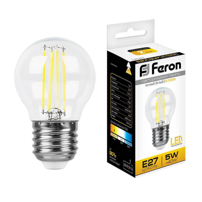 Лампа светодиодная филаментная Feron E27 5W 2700K Шар Прозрачная LB-61 25581 в Санкт-Петербурге