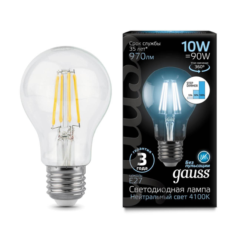Лампа светодиодная филаментная диммируемая Gauss E27 10W 4100K прозрачная 102802210-S в Санкт-Петербурге