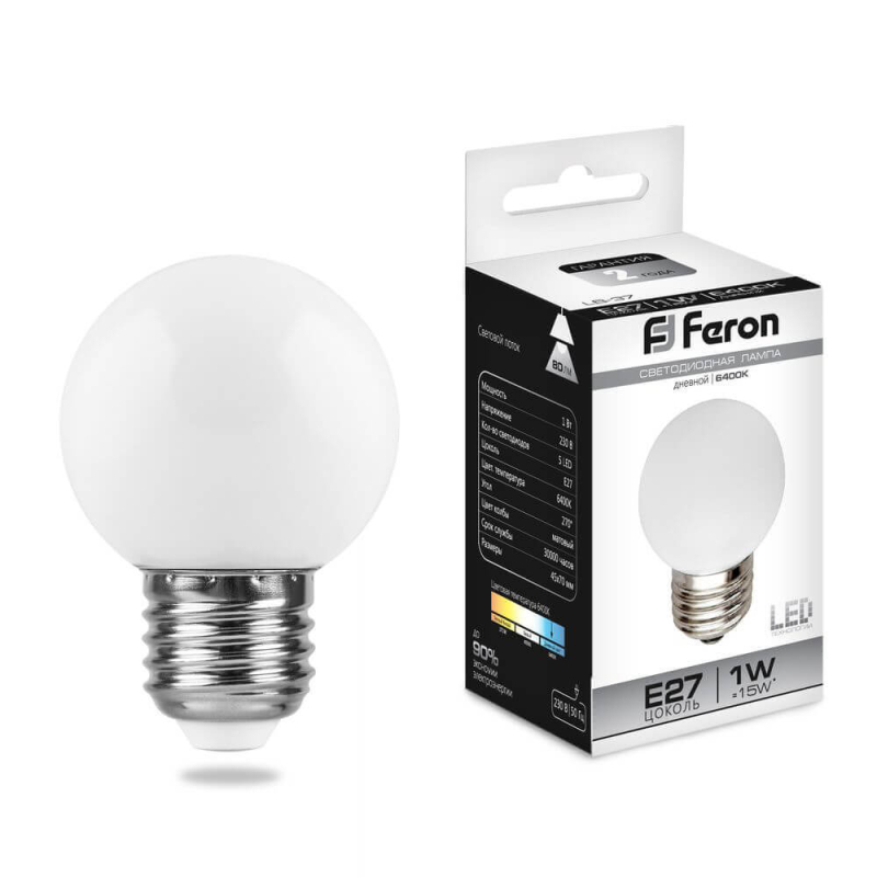 Лампа светодиодная Feron Е27 1W 6400K Шар Матовая LB-37 25115 в Санкт-Петербурге