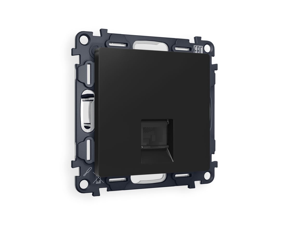 Комплект механизма компьютерной розетки RJ-45 экранированной с автоматической защитной шторкой Alfa Черный матовый Quant Ambrella Volt MA812005 (AP8120, VM185) в #REGION_NAME_DECLINE_PP#