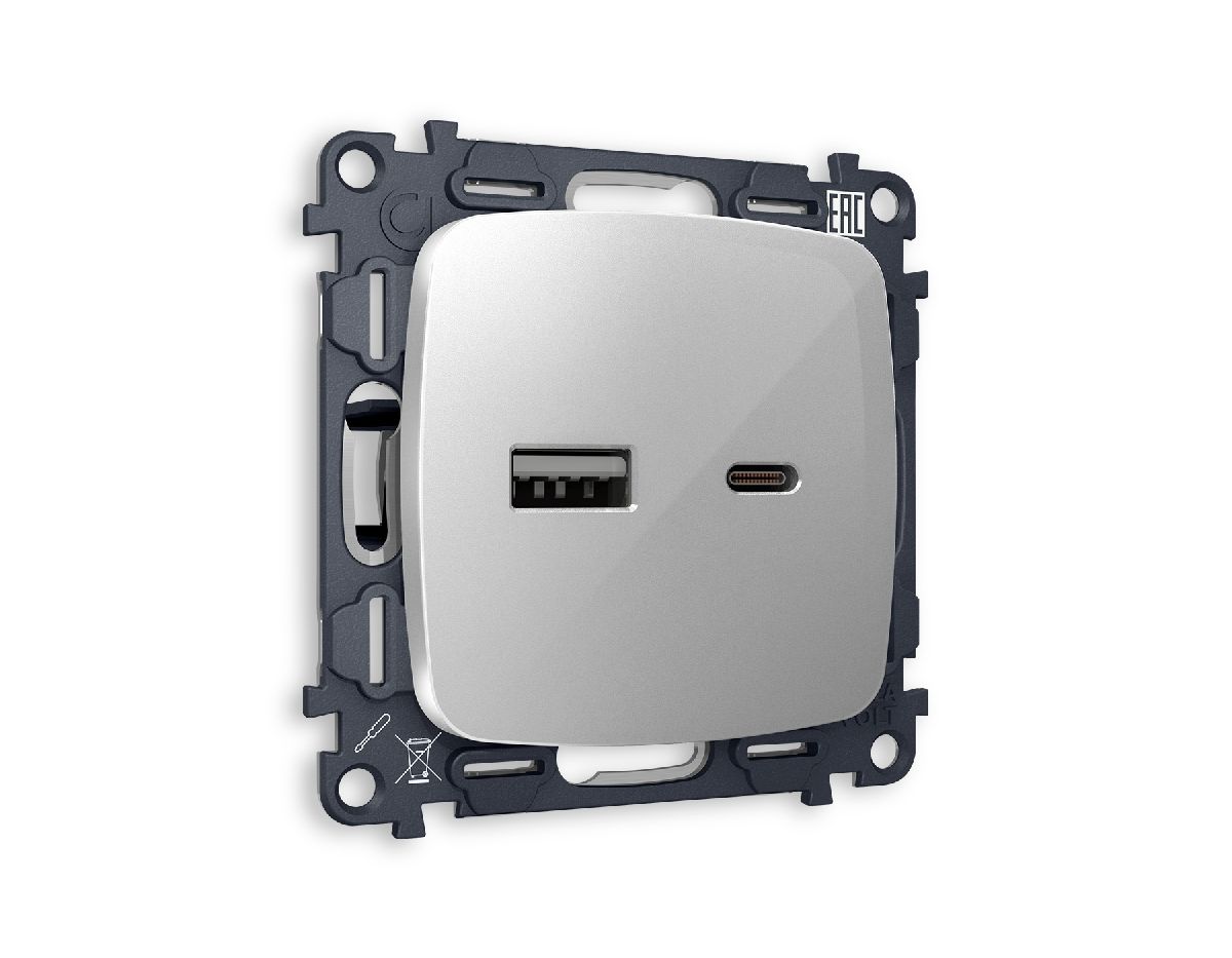 Комплект механизма розетки 2USB A+C 20W (быстрая зарядка) Ambrella Volt Omega MO411010 в Санкт-Петербурге