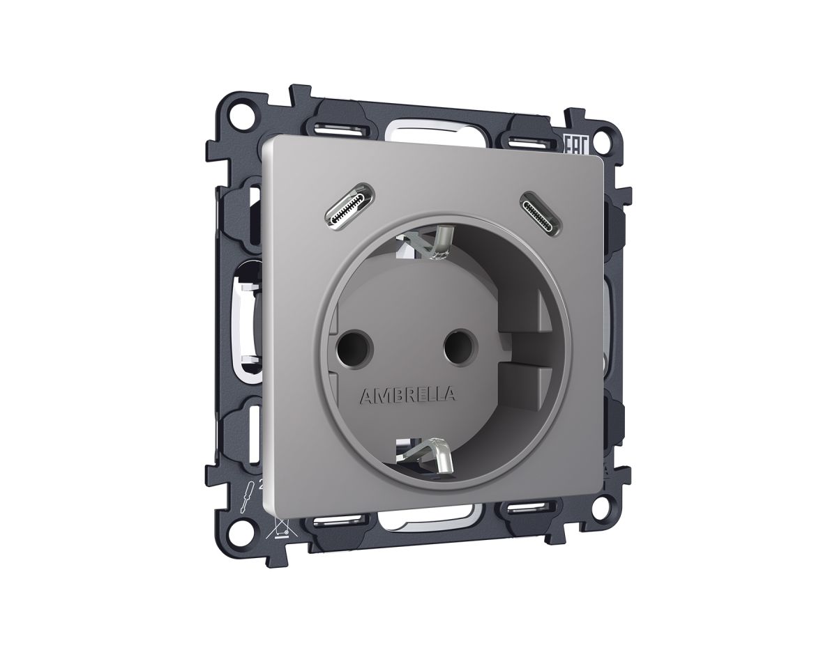 Комплект механизма электрической розетки 2USB С+C 20W с/з на винтовых зажимах 16A-250V Alfa Сталь матовый Quant Ambrella Volt MA510510 (AP5105, VM165) в Санкт-Петербурге