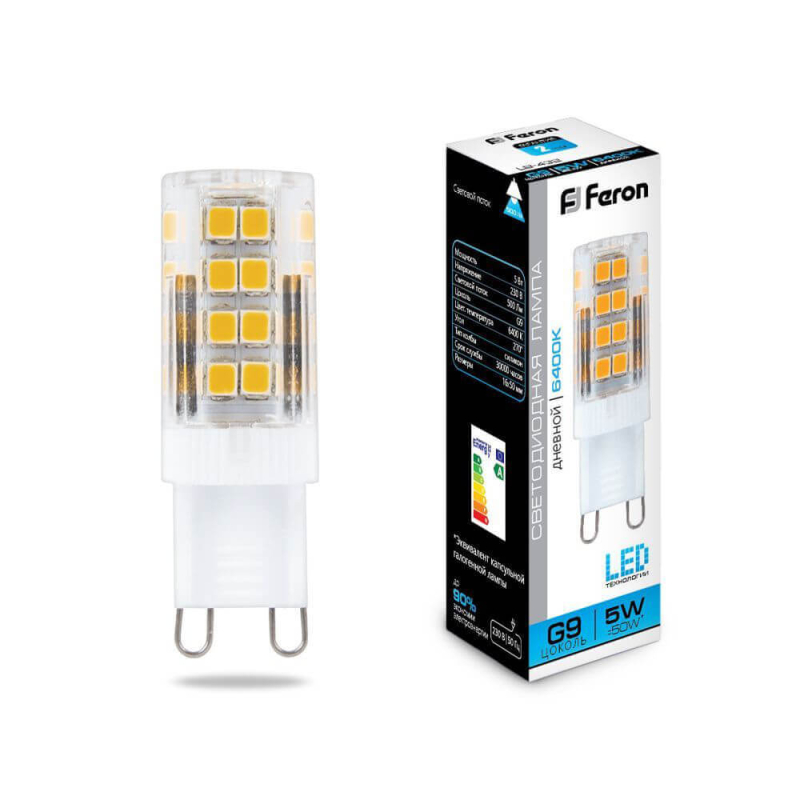 Лампа светодиодная Feron G9 5W 6400K Прямосторонняя Матовая LB-432 25771 в Санкт-Петербурге