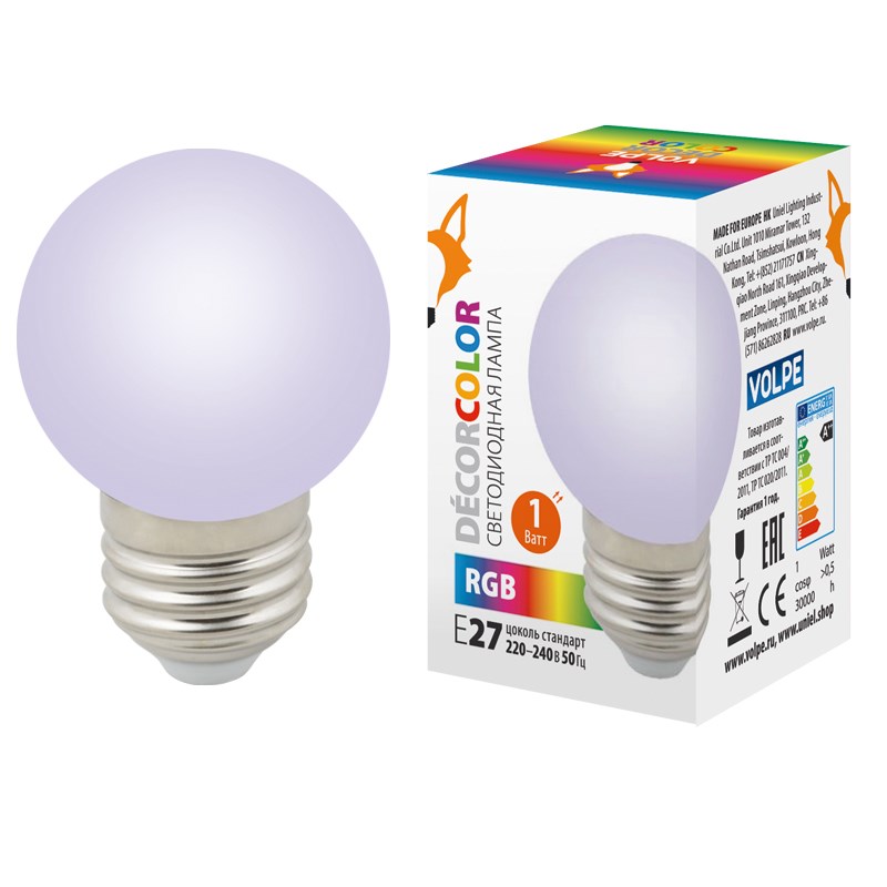 Лампа светодиодная Volpe E27 1W шар матовый LED-G45-1W/RGB/E27/FR/С UL-00005808 в #REGION_NAME_DECLINE_PP#