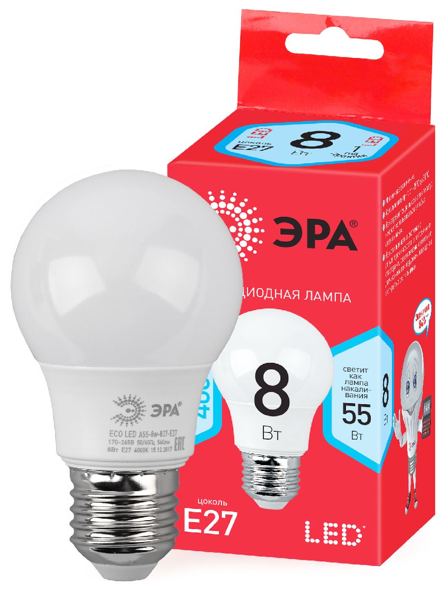 Лампа светодиодная Эра E27 8W 4000K ECO LED A55-8W-840-E27 Б0032096 в #REGION_NAME_DECLINE_PP#