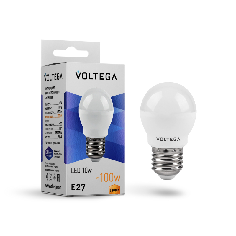 Лампа светодиодная Voltega E27 10W 2800K шар матовый VG2-G45E27warm10W 8455 в #REGION_NAME_DECLINE_PP#