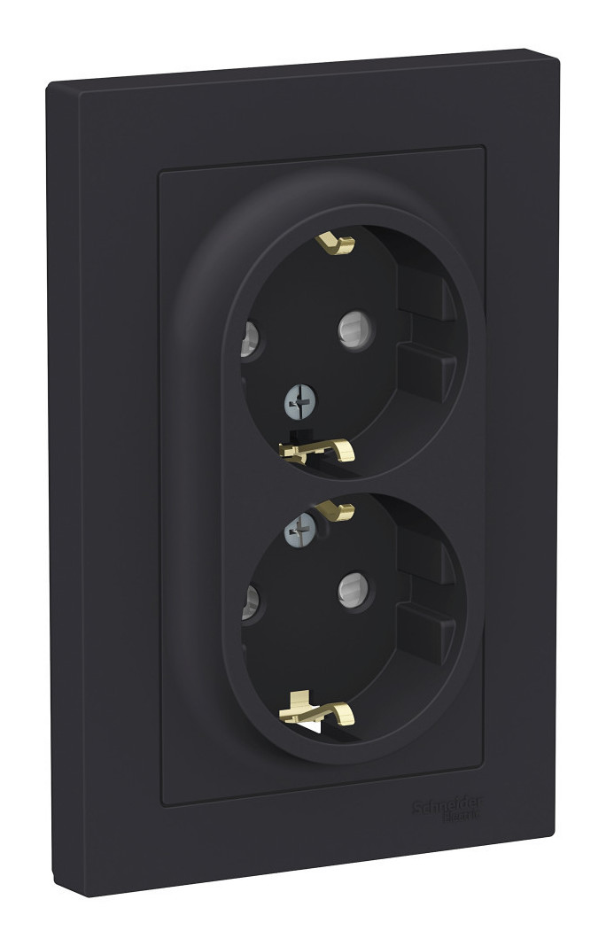Розетка с/з двойная, со шторками, 16А, в сборе Systeme Electric AtlasDesign Карбон ATN001026 в Санкт-Петербурге