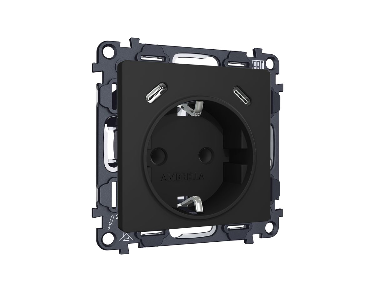 Комплект механизма электрической розетки 2USB С+C 20W с/з на винтовых зажимах 16A-250V Alfa Черный матовый Quant Ambrella Volt MA810510 (AP8105, VM165) в #REGION_NAME_DECLINE_PP#