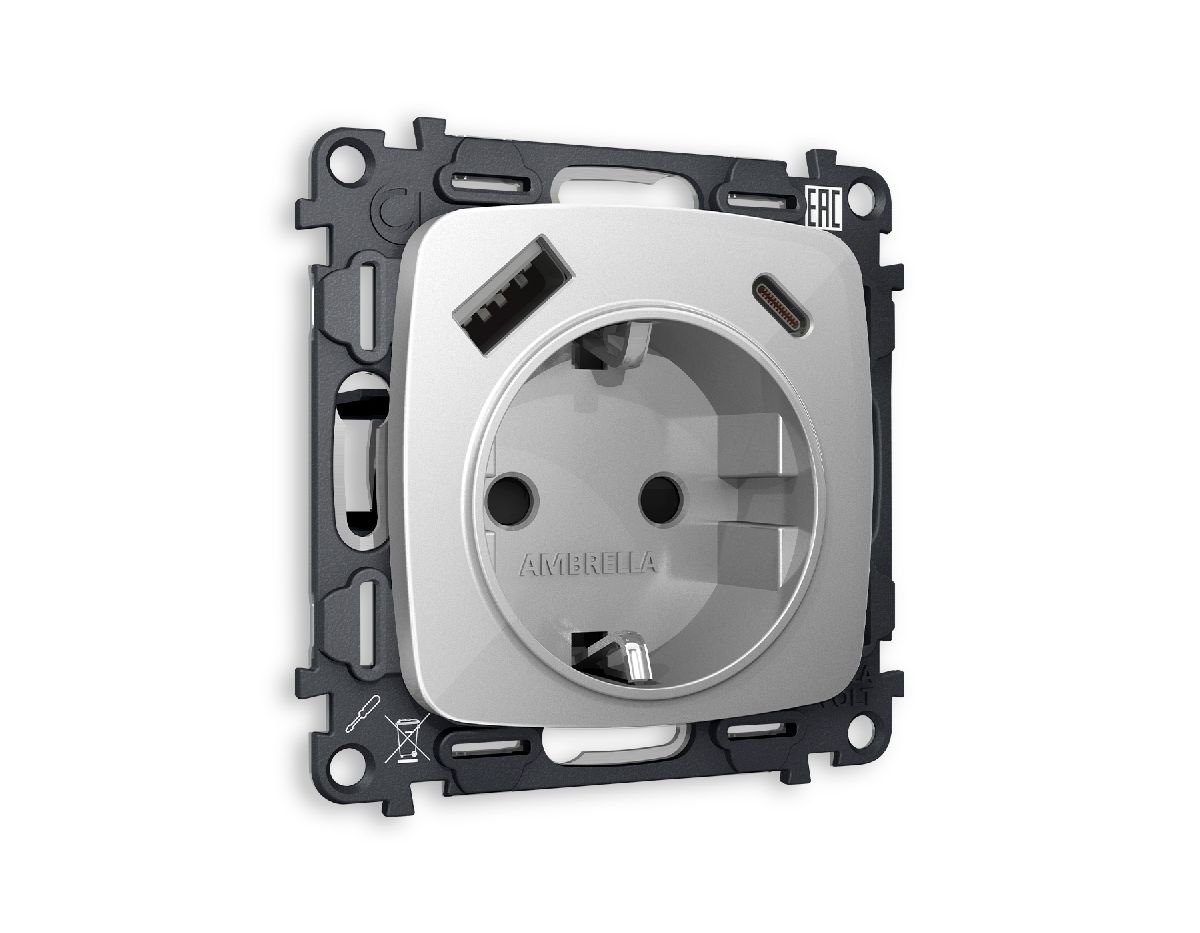 Комплект механизма розетки 2USB A+C 20W (быстрая зарядка) с/з Ambrella Volt Omega MO410010 в Санкт-Петербурге