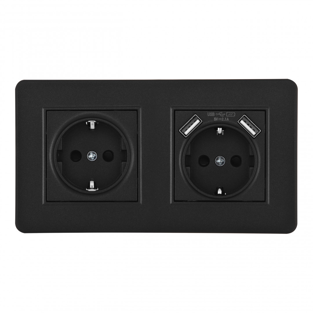 Розетка двойная (двухпостовая) с/з и шторками + USB Arte Milano SET16-2-47-1-40-1 black в Санкт-Петербурге