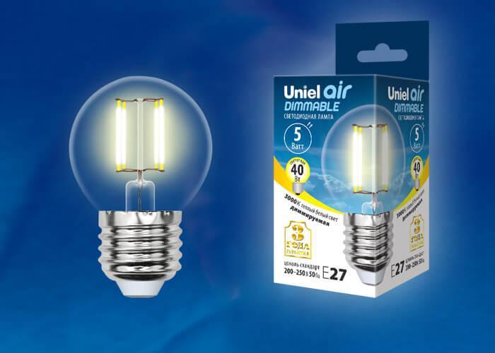 Лампа светодиодная филаментная (UL-00002868) Uniel E27 5W 3000K LED-G45-5W/WW/E27/CL/DIM GLA01TR в Санкт-Петербурге