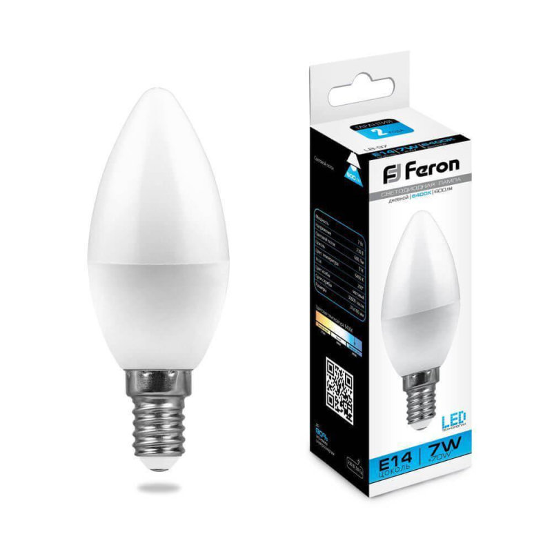 Лампа светодиодная Feron E14 7W 6400K Свеча Матовая LB-97 25477 в Санкт-Петербурге