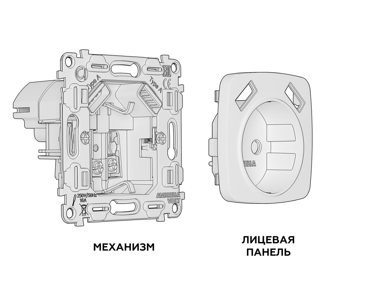 Комплект механизма электрической розетки USB A+A 18W Ambrella Volt Omega (OP1090, VM155) MO109010 в Санкт-Петербурге
